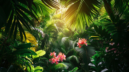 Folhas de palmeira verde exuberantes criam um dossel verdejante - obrazy, fototapety, plakaty