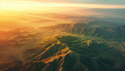 Aerial Photography, overhead perspective of the Gobi Desert, midday sun, rugged terrain,...