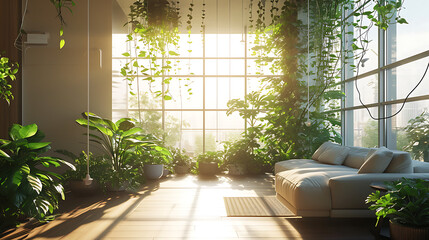 Plantas verdejantes e cipós em cascata adornam o elegante interior moderno de um apartamento de luxo criando um oásis tranquilo em meio à paisagem urbana movimentada