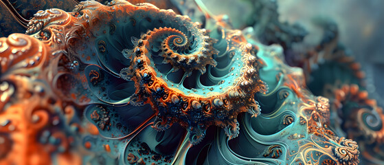 An intricate basket star in vibrant hues of orange and blue, its fractal-like body reminiscent of a reef-dwelling invertebrate, captured in abstract beauty through the lens of fractal art