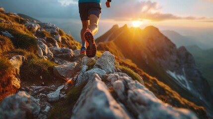 Close-up of a runner's shoes on a rocky mountain trail during a vibrant sunset