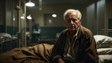 Elderly man with illness sits besides the hospital bed. Hospital room is in bad shape and depicts health disparities and lack of health equity.