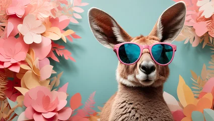 Foto op Aluminium Playful hipster kangaroo with pink glasses looking cool in front of pastel background with layered paper and soft shadows. © Colored Lights