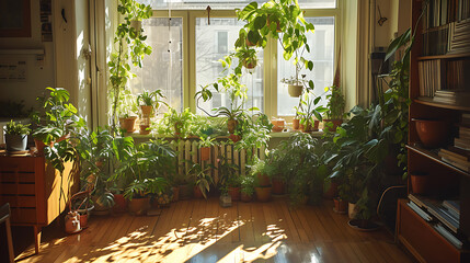 Fototapeta na wymiar Plantas verdejantes exuberantes despencam de vasos suspensos criando um oásis natural em meio a um agitado apartamento urbano