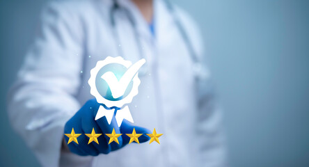 Concept of rating of medical services on the Internet concept.Button healthcare key rating on...