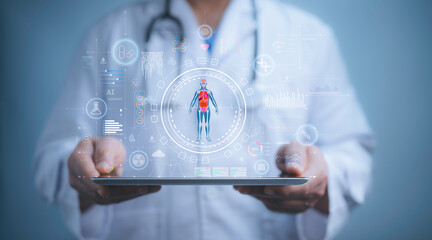 Health care and medical AI technology services concept.Medical worker with virtual health care analytics and medical revolution.Data analytics improve patient care and Healthcare administration.