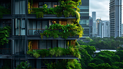 Plantas verdes exuberantes descascam de varandas e terraços modernos criando um contraste visualmente marcante contra o metal e vidro elegantes das torres urbanas - obrazy, fototapety, plakaty