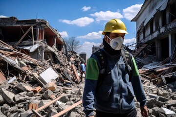 Man Wearing Face Mask Standing in Front of Pile of Rubble