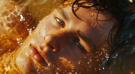 Serene young handsome blue-eyed man with wet hair lying partially submerged in tranquil amber waters, reflecting a sense of peace and introspection, beach, sea, ad concept