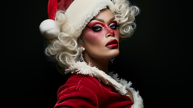 Blonde drag queen as festive Santa Claus at christmas against a black background, ai generated