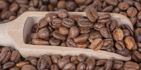 Wooden spoon with coffee and coffee beans on the background. Coffee as background.