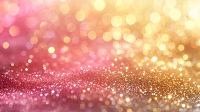 An enchanting pink bokeh image adorned with scattered golden glitter, creating a dreamy and magical ambiance.