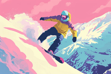 poster for snowboarding apps, in the style of vibrant airy scenes, darkly romantic illustrations