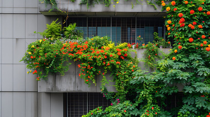 Fototapeta na wymiar Luxuriante videira verde desce pelas paredes de concreto cinza formando uma mistura harmoniosa de natureza e vida urbana