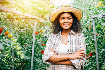 In a tomato greenhouse a smiling woman farmer in checkered attire arms crossed shows dedication to...