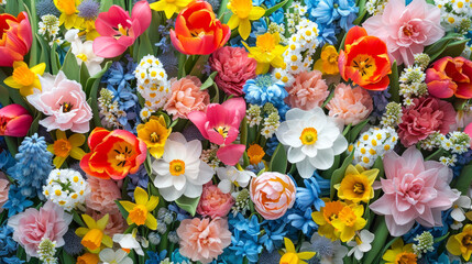 Fototapeta na wymiar Pastel colored spring flowers tulips, daffodils, narcissus. Floral background
