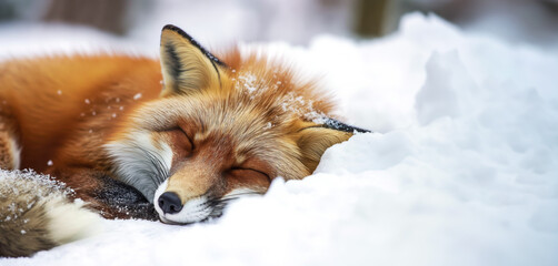 Obraz premium Winter's Slumber: Captivating Moments of a Red Fox Sleeping in the Tranquil White Snow. 