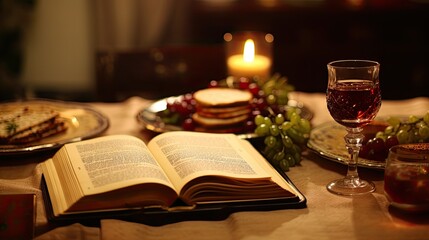 Open Book on Table With Glass of Wine, Passover