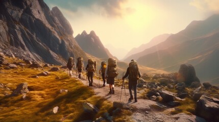 A group of hikers trekking through a AI generated - obrazy, fototapety, plakaty