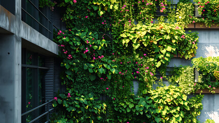 Fototapeta na wymiar Videiras verdes exuberantes se derramam pelo lado de um edifício de concreto formando uma tapeçaria hipnotizante de folhagem vibrante contra o pano de fundo urbano