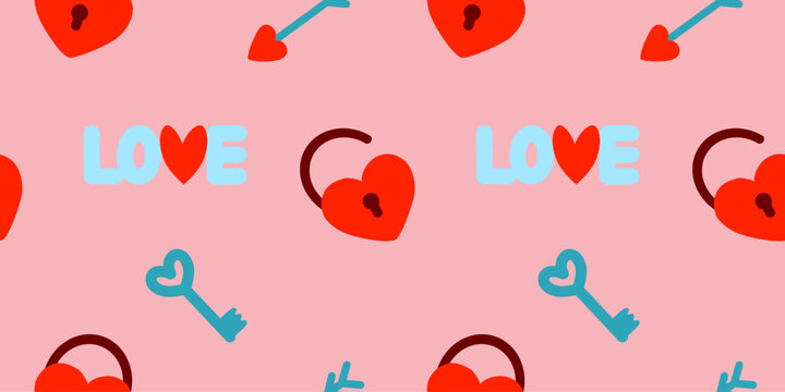 Seamless Valentines day pattern with heart shaped lock, key, arrow and love word on pink, vector