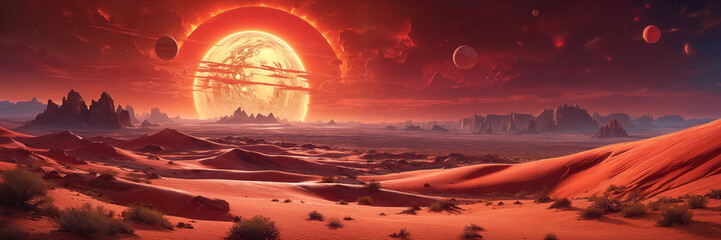 Futuristic alien landscape with giant alien star, several small planets in the red sky and desert with sand and huge rocks