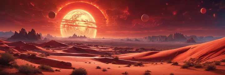 Papier Peint photo Bordeaux Futuristic alien landscape with giant alien star, several small planets in the red sky and desert with sand and huge rocks
