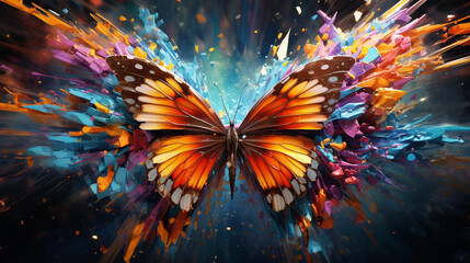 Abstract beautiful butterfly flying with colorful wings on multicolor splash background ai generated
