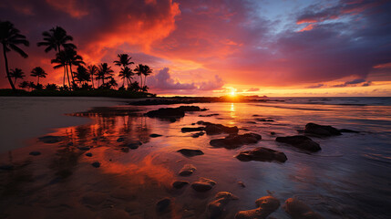 Fototapeta na wymiar Colorful sunset island tropical beach scenery with palm tree