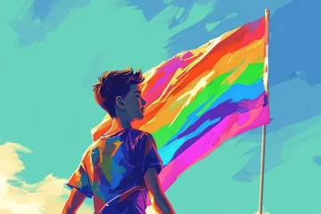 Fotobehang A young gay and the rainbow flag, functioning as a powerful visual illustration, represents the collective pride and resilience of the LGBT movement in the ongoing fight for equal rights © Milos