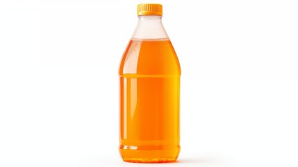 A bottle of orange soda on a white background, refreshing and vibrant.