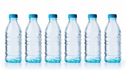 Six plastic bottles with blue caps on a white background.