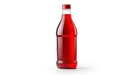 A bottle of red liquid on a white background, showcasing a vibrant and captivating hue.