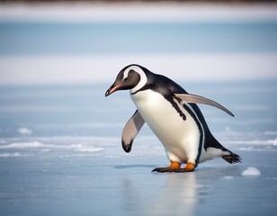 A penguin sliding on the ice.