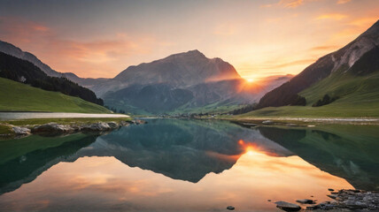 Fototapeta na wymiar Sunset at a calm mountain lake