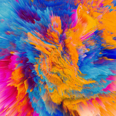 Fototapeta na wymiar Abstract, explosive and colorful 3D background texture. Modern and contemporary feel. Dynamic movement with shades of orange, cyan, magenta, blue