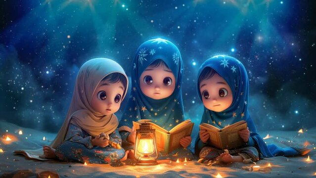 Cartoon of children reading the Qur'an on the blessed night of Ramadan. Seamless looping 4k time-lapse virtual video animation background 
. 