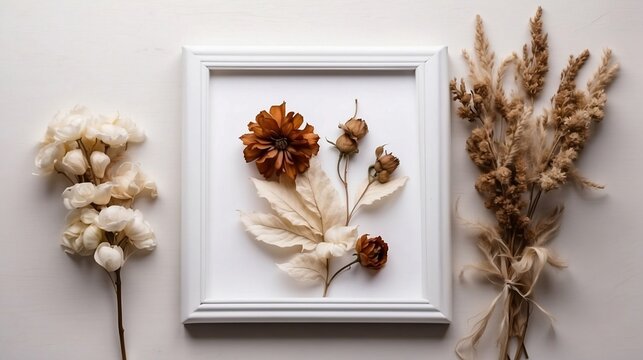 Coffee White Frame and dried Flower. The concept of home comfort and aesthetics created with generative ai