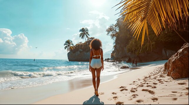 woman walking on the tropical beach with palm trees in the background