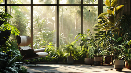 Plantas exuberantes e verdejantes criam um cenário deslumbrante neste elegante interior  A luz solar filtrada pelas folhas lança sombras marmorizadas nos móveis elegantes