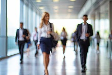 Dynamic office scenes in motion blur, embodying the modern work environment with bustling professionals, conveying energy and productivity.
