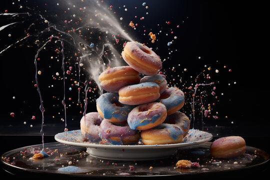 Sweet Symphony, Colorful Doughnuts in a Shower of Powdered Sugar. AI Generative.