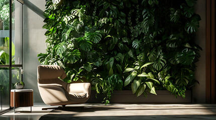 Plantas exuberantes e verdejantes criam um cenário deslumbrante neste elegante interior  A luz solar filtrada pelas folhas lança sombras marmorizadas nos móveis elegantes