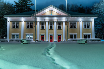 Fort Langley, British Columbia Canada, community hall of the very first settlement in BC. Night shoot after a snowfall.