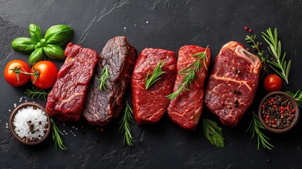 variety of fresh raw black angus prime meat steaks t-bone
