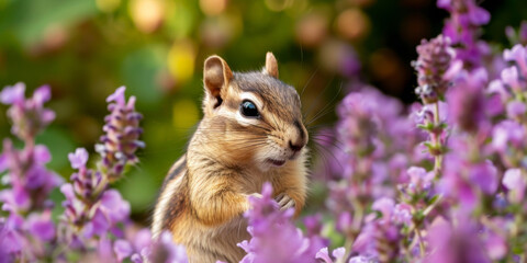 close up a cute chipmunk standing up at the feet of a landscape of flowers, generative AI