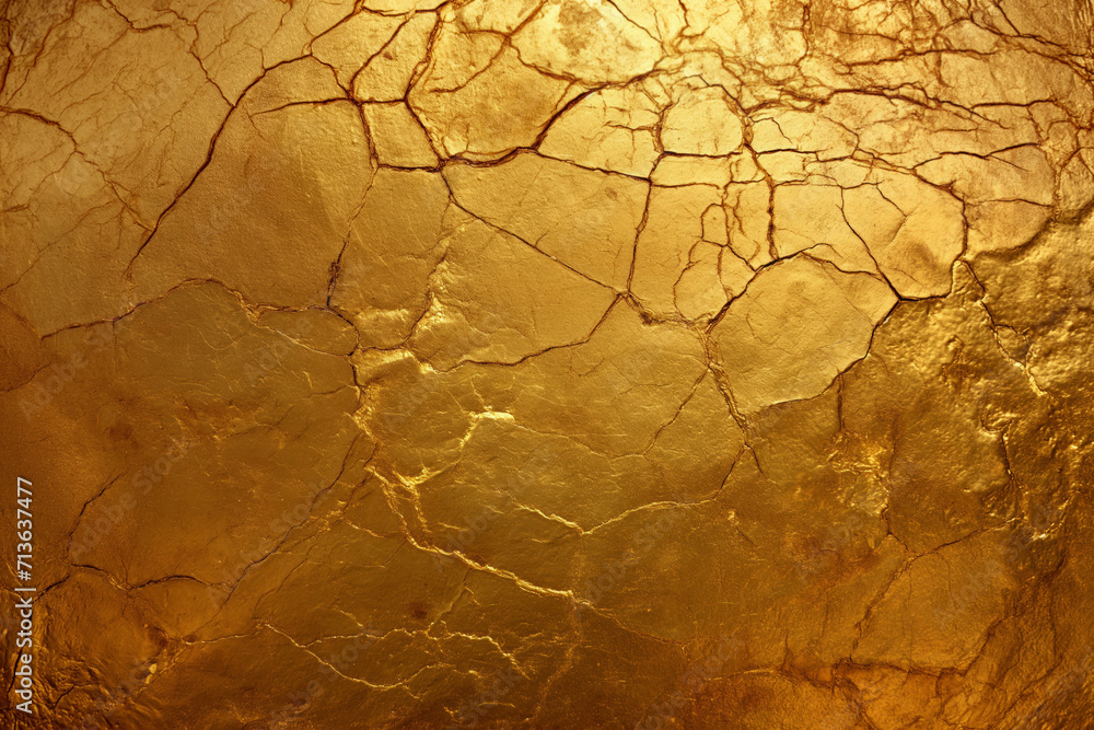 Poster golden textured background with a network of deep cracks and crevices, creating an intricate pattern