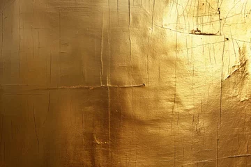 Fotobehang textured golden surface with various lines and cracks, creating a rustic and worn appearance that catches the light. © Enigma