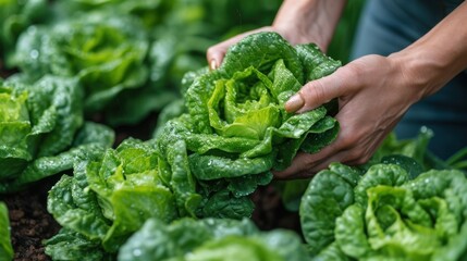 Woman hands picking green lettuce in vegetable garden