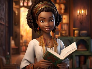 Happy African girl holding a book, school classroom or auditorium. education, studying, student,...